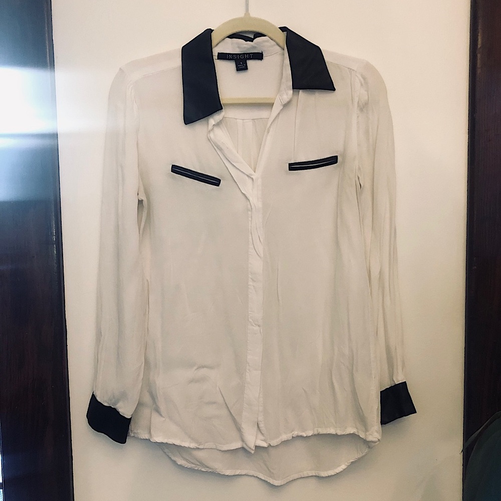 White Button-up Blouse with Faux Leather accents